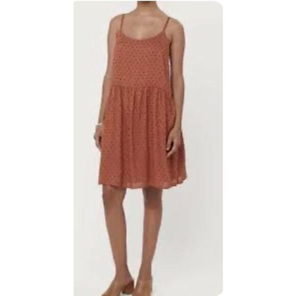 Loft Women's Brown Swiss Dot Spaghetti Strap Pullover Swing Dress Size Medium - Picture 1 of 11